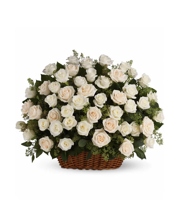Bountiful Rose Basket arrangement of white roses