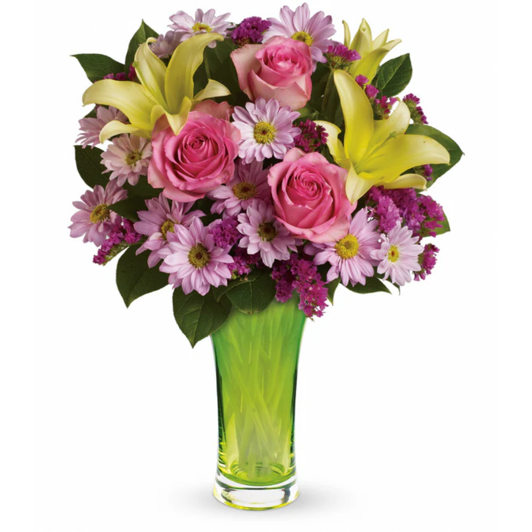 Bouquet of pink roses, yellow lilies, and daisies