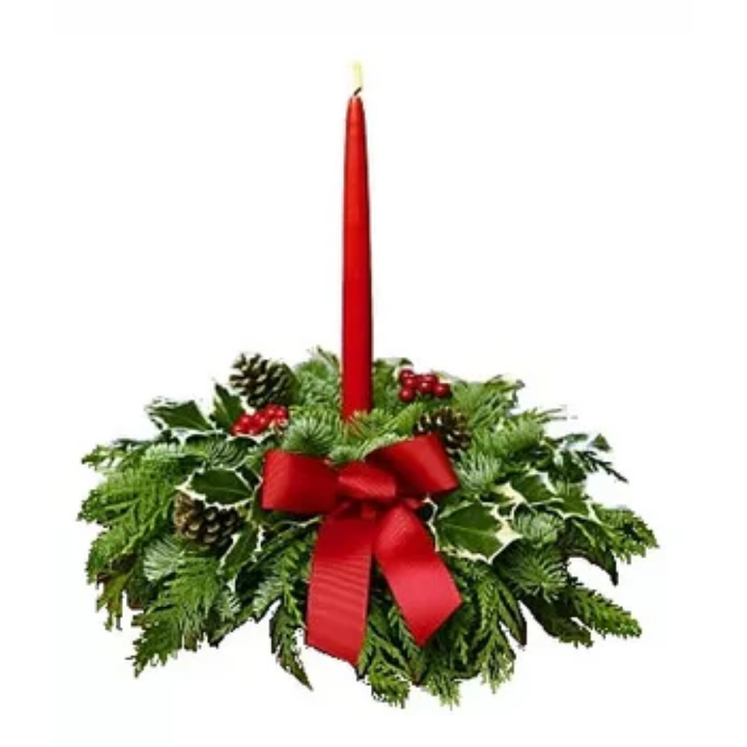 Festive candle centerpiece with red bow.