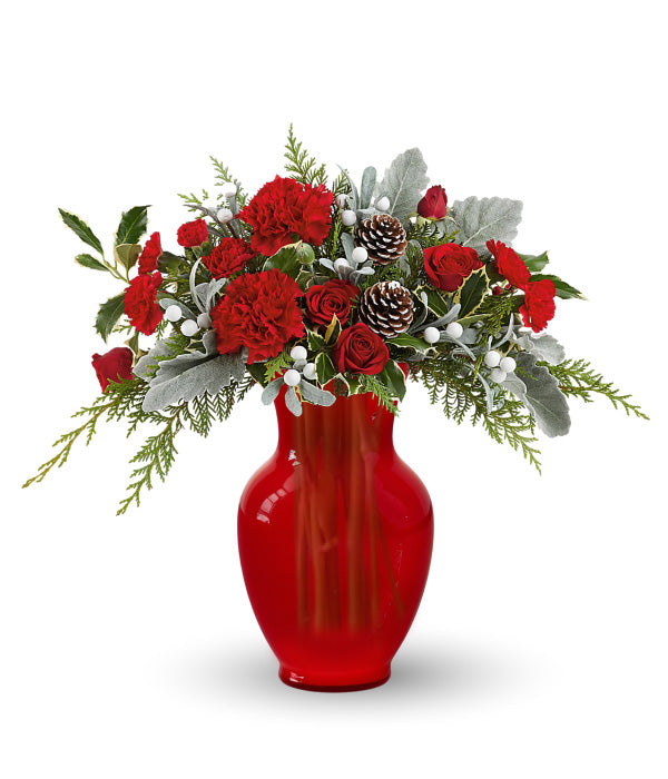 Winter Dreams red flower bouquet in red vase