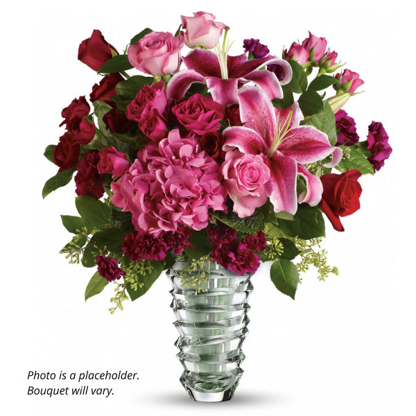 Recipe bouquet with lilies, roses, and hydrangea
