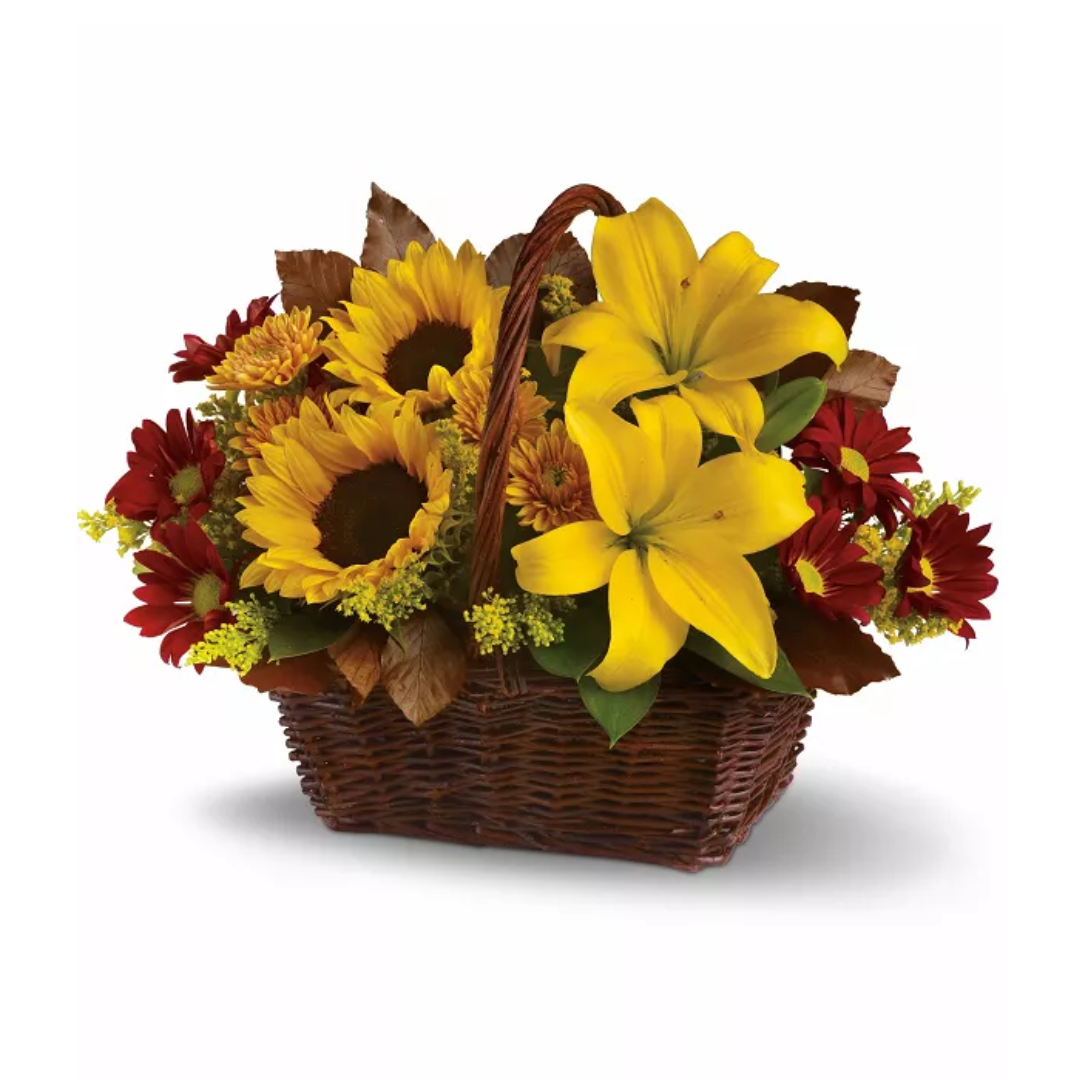 Golden Days flower basket with sunflowers and lilies