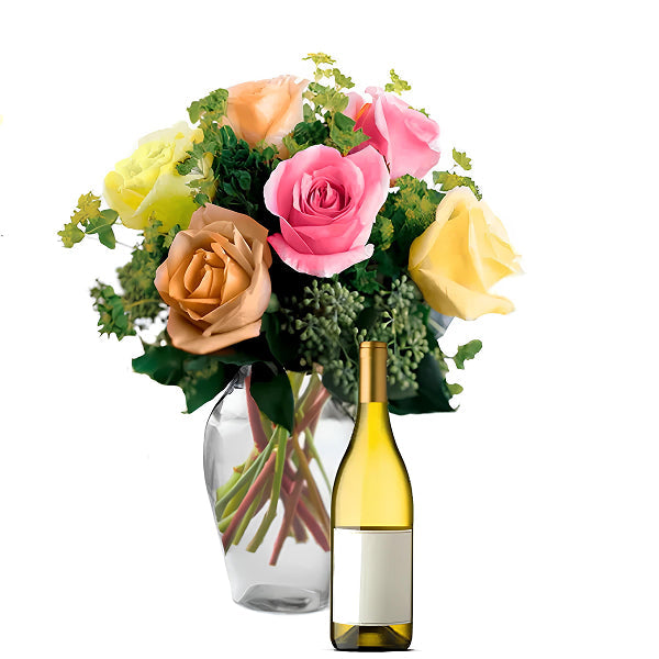 daises in a vase and a bottle of white wine