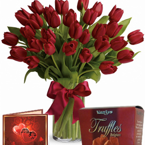 30 Red Tulips, Truffles & Card 